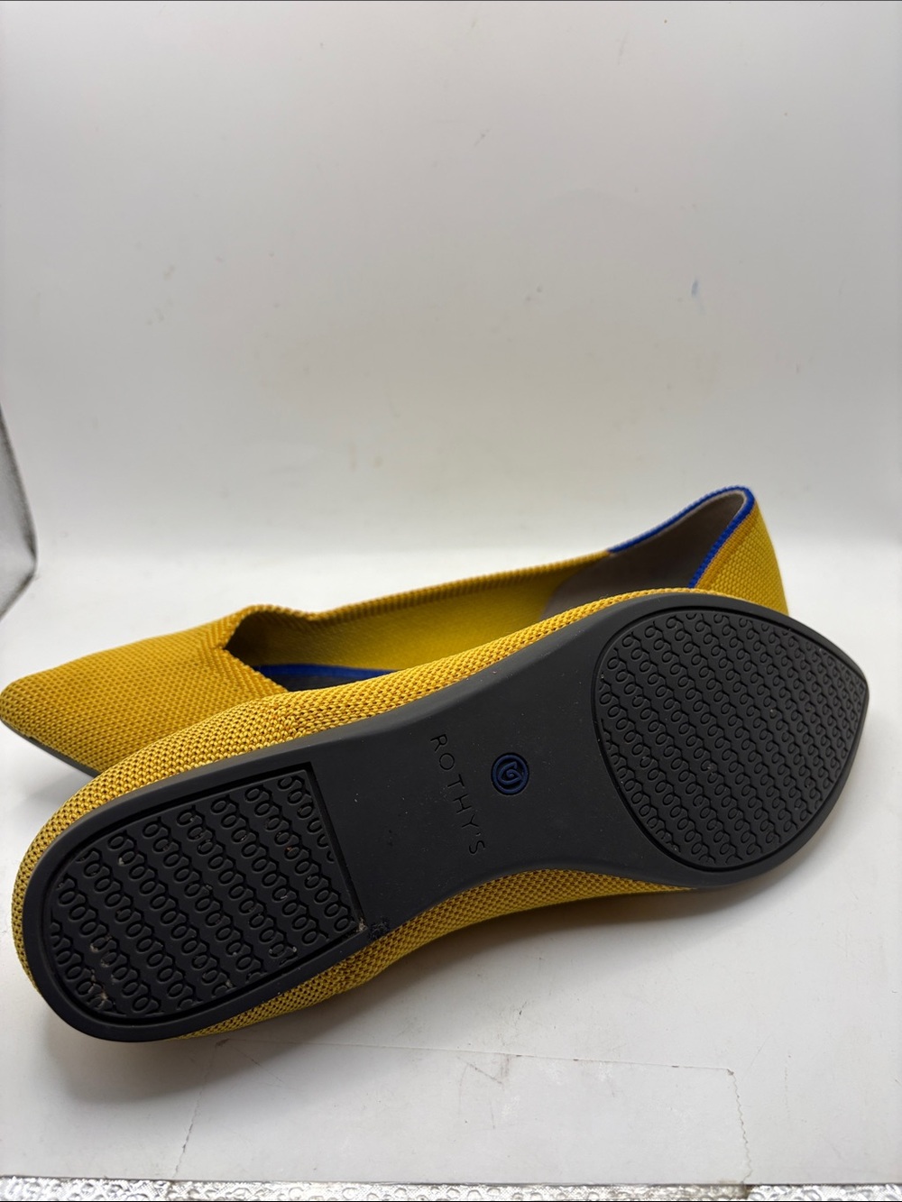 Rothy's Pointed Knit Ballet Flats in Bright Yellow with Blue Trim - Picture 6 of 11